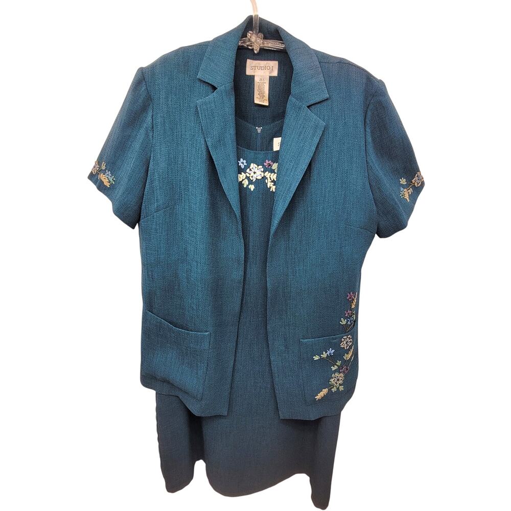 Studio I Vintage Green Embroidered Shift Dress Short Sleeve‎ Jacket Set Outfit